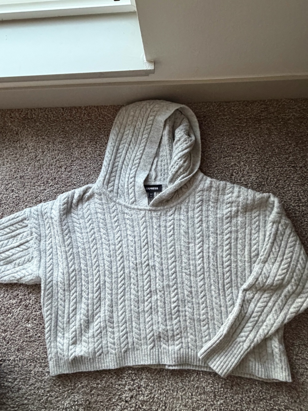 Express Light Gray Cable Knit Hooded Pullover - Picture 1 of 2